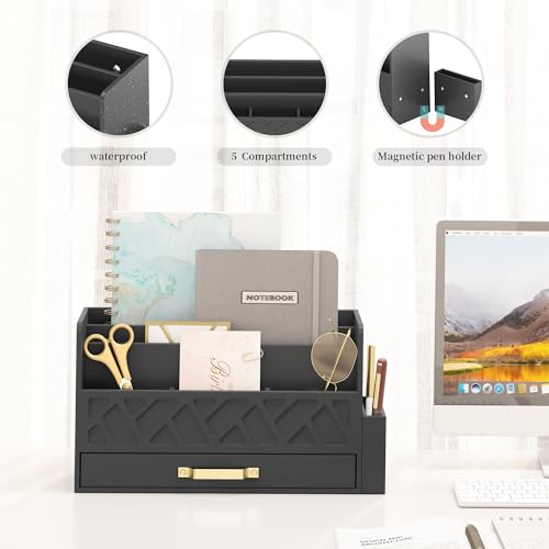 Wisuce Bamboo Mail Organizer Countertop with Drawer and Pen Holder, Black - color: Black