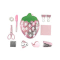 Strawberry Mini Office Supply Kit, Pink, with Stapler, Tape Dispenser, Scissors, Hole Punch, Binder Clips, Sticky Notes and Staples