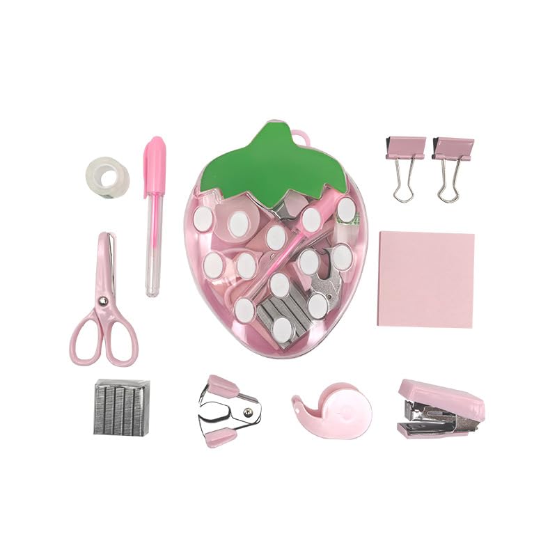 Strawberry Mini Office Supply Kit, Pink, with Stapler, Tape Dispenser, Scissors, Hole Punch, Binder Clips, Sticky Notes and Staples
