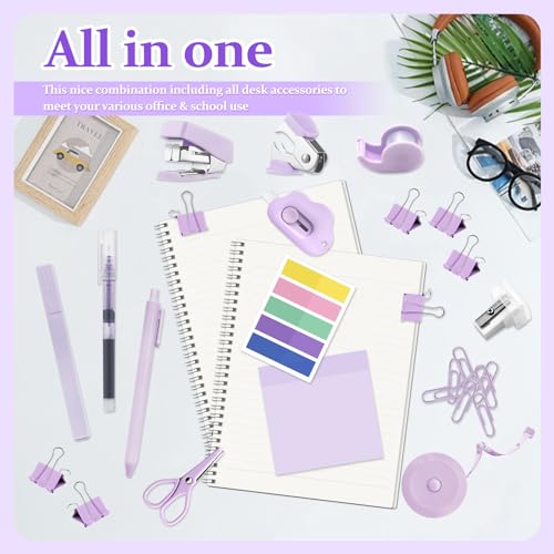 Mini Office Supply Kit, Mini Stapler with Staples and Tape Dispenser Set, Mini Stationary Kit Includes Sticky Notes Index Tabs Highlighters Gel Pens for Office & School Supplies (Purple) - color: Purple