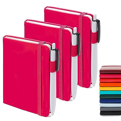 feela 3 Pack Pocket Small Notebook Journals, Mini Cute Memo Notepad Hardcover College Ruled Lined Journals with Pen Holder for Women Girls Office School, with 3 Black Pens, 3.5”x 5.5”, A6, Berry - color: A6 3 Berry