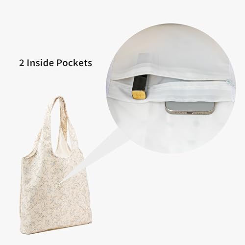 REDSINDA Canvas Tote Bag, Large Capacity Shoulder Bag with Inner Pockets, Foldable Shopping Bag - color: Blue Floral