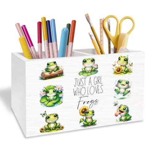 Cute Floral Frog Pen Holder for Desk, Gifts for Frog Lovers Pencil Organizer, Just a Girl Who Loves Frogs Wooden Box Sign Desk Decor for Home Office Decoration - color: FROGS