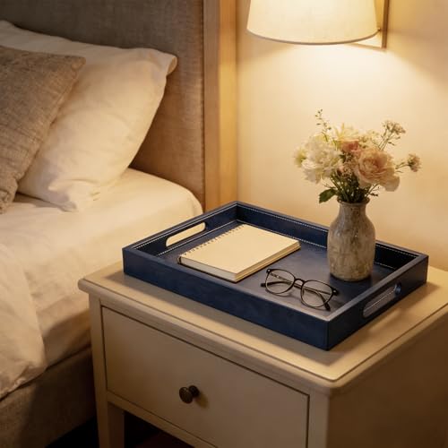 25x18 inches Leather Ottoman Serving Tray with Hole Handles, Rectangle Large Modern Service Tray for Living Room, Coffee Table, Bed, Tea, Food, Butler Countertop, Kitchen, Dinner, Picnic (Blue) - color: Blue, size: 25" x 18" x 2"