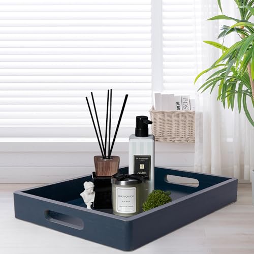 DD DEFINED DECO Coffee Table Tray, Blue Wood Serving Tray with Handles for Food & Drinks, Coffee Table, Ottoman, Breakfast in Bed, Deep Blue(15.75''*10'')