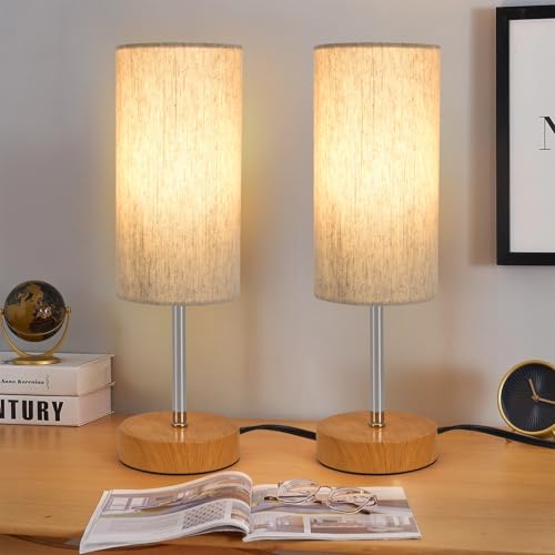 RISLG 2 Pack Small Table Lamps, Bedside Lamps for Nightstand with Wire Switch, Modern Minimalist Desk Lamp with Linen Fabric Shade for Dorm Kids Room Living Room Office Bedroom, Bulb Included - color: 2 Pack Beige-Wood, size: 13in