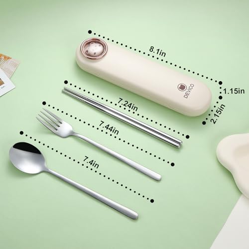 DEVICO Travel Utensils with Case Cute, Reusable Silverware for Lunch, 4Pcs Portable Cutlery Set, 18/8 Stainless Steel Fork Spoon Chopsticks in Cartoon Case, Dishwasher Safe (Light Yellow) - color: Light Yellow