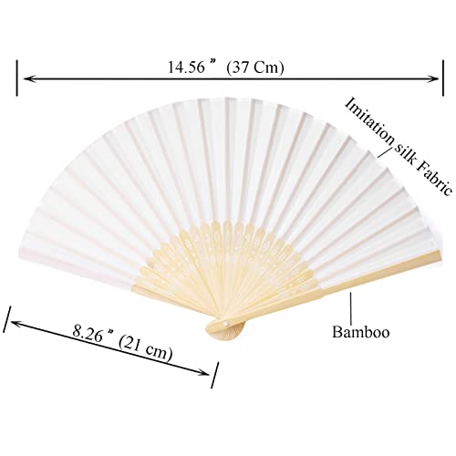 24pcs White Imitated Silk Hand Fan Imitated Silk Fabric Bamboo Handheld Folded Fan Bridal Dancing Props Church Wedding Party Favors with Organza Bags (White) - color: White