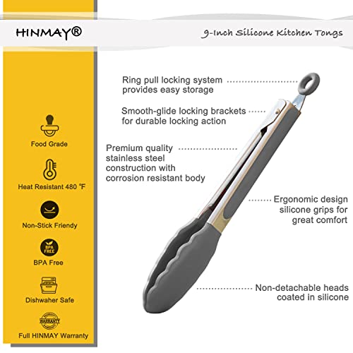 HINMAY Locking Kitchen Tongs with Silicon Tips 9-Inch, Set of 3 (Gray) - color: Gray