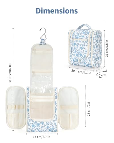 Narwey Hanging Travel Toiletry Bag for Women, Makeup Cosmetic Bag - color: B-Blue Flower, size: Medium