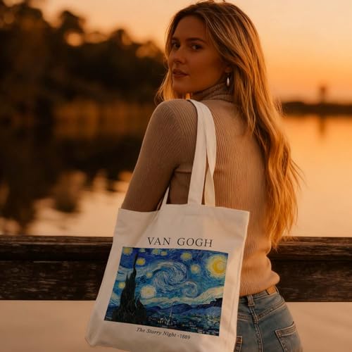 Art Canvas Tote Bag,Art Lovers Gifts,Aesthetic Tote Bag for Women. - color: White - Van Gogh 02