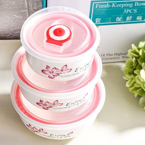 Ceramic Food Storage Bowl with Lids Set of 3, Cherry Blossom Nesting Bowls