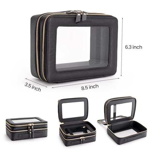 Aveniee Clear Makeup Bags,Double Layer Cosmetic Bags with Separate Brush Compartment,Large Travel Toiletry Bag Cosmetic Case,Travel Accessories Organizer for Women,2 Layers,Black - color: Black, style: Dual Layer