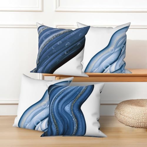 Abstract Fluid Throw Pillow Cover Dark Blue Ocean Wave Gold Sequin Halo Art Modern Aesthetic Linen Square Cushion Covers for Outdoor Couch Sofa Bedroom Home Car 16x16 Inch Set of 4 - color: Dark Blue, size: 16" x 16" (Pack of 4)