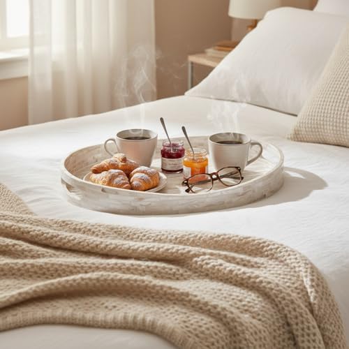 PEMAR 15.7"x11.8" Oval Mother of Pearl Serving Tray, Decorative Ottoman Tray for Living Room, Coffee Table, Breakfast in Bed, Candle Display (White Cream) - color: White Cream