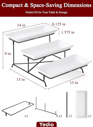 3 Tier Serving Tray Set 14 Inch Porcelain Tiered Serving Trays Platters, Collapsible Sturdier Stand with Stable Cross Bars, Three Layer Serving for Party Entertaining Food Display Fruit Dessert - color: Black, size: 15" x 13" x 9"