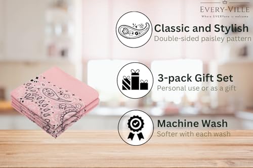 Every-ville Cotton Bandana Handkerchief for Men & Women, 3 Pack - color: Light Hot Pink