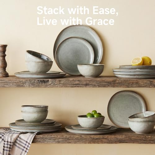 Stoneware Dinnerware Sets for 8, Reactive Glaze Plates and Bowls, Grey - color: Gray, size: Service for 8-24Pcs