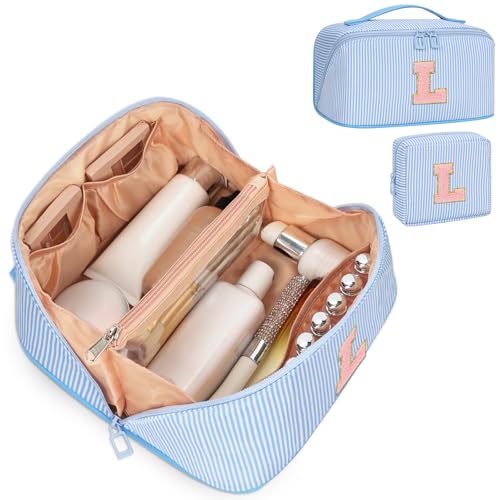 Bagmoly Personalized Gift Initial Makeup Bag for Women Teen Girls, Blue L - color: Blue, size: Standard