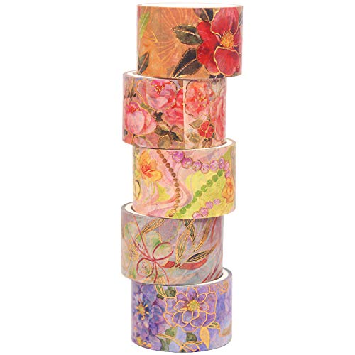 YUBBAEX Blooming Washi Tape Set Gold Foil Masking Tape Peony Wide Decorative for Arts, DIY Crafts, Journal Supplies, Planners, Scrapbook, Card/Gift Wrapping -25mm- (Red Flowers) - color: Red Flowers