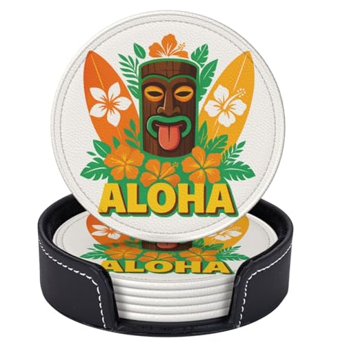 6 Pcs Leather Coasters for Drinks with Holder Hawaii Aloha Tiki Coaster Sets Drink Table Cup Coasters for Kitchen Coffee Decor - color: Aloha Tiki Hawaii