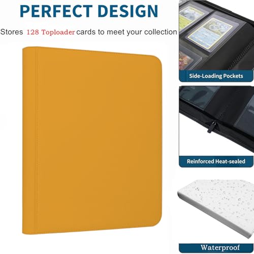 Toploader Binder,4-Pocket Double Sided Top Loaders Binder,Holds 128 Cards in 3"x4" Toploaders,PU Leather Card Binder Abulm for Toploader Trading,Sports,and Gaming Cards (Yellow) - color: Yellow