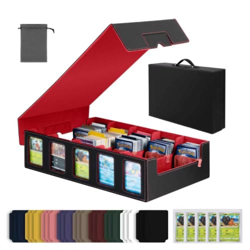Trading Card Storage Box with Commander Display, 5-Row Deck Case with Removable Lid & Handle, 4000+ Card Organizer with 48 Colorful Dividers & 5 Stoppers for MTG, Black & Red - color: Black & Red, size: 4000+, with Handle