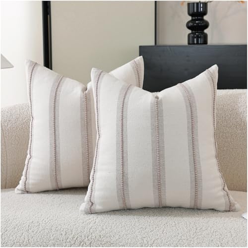 Cethom Boho Throw Pillow Covers 18x18 Set of 2, Taupe Striped Decorative Pillow Cases for Couch Chair Bed, Textured Farmhouse Modern Accent Cushion Covers for Living Room Bedroom Sofa Home Decor - color: Taupe, size: 18" x 18" (Pack of 2)