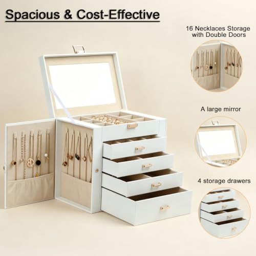 BOOVO Large Jewelry Box for Women, Jewelry Organizer (White Gold 5 Layer) - color: White and Gold, size: 5 Layer