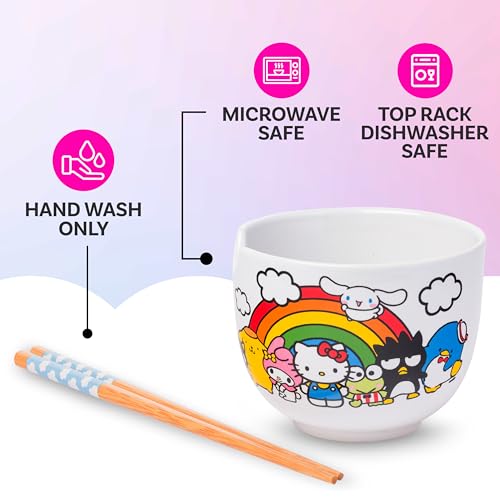 Silver Buffalo Sanrio Hello Kitty & Friends, Ramen Bowl w Chopsticks, 20oz - color: Hello Kitty and Friends Rainbow, size: 20 Ounces (No Spoon)
