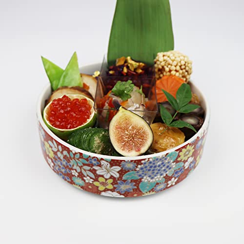Traditional Japanese Bento Box, 3-tiered, Kutani Ware SK456 (Red flower design) - color: Red flower design
