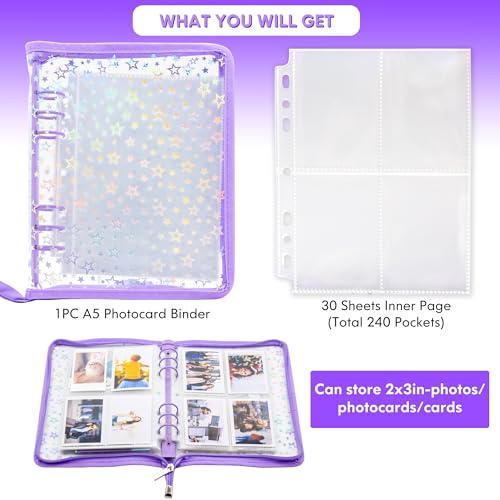 Kpop Photocard Binder Holder with 30 Pack 4-Pocket Inner Pages, A5 6 Ring Cover Album Book with Zipper for Organizing Trading Card (Purple) - color: Purple