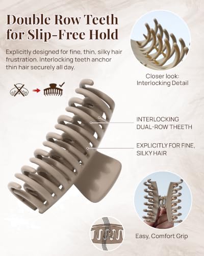 Mesovor 4 Pack 3.5" Double Row Teeth Claw Clips for Thin Fine Hair Non-Slip - color: Brown Neutral Matte