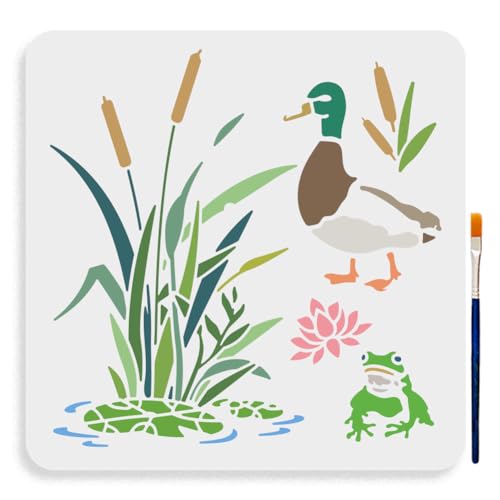MAYJOYDIY Cattail Duck Frog Stencil 11.8×11.8inch Reusable Lotus Leaves and Flowers Stencils with Paint Brush Marsh Lakeside Scenery Drawing Templates for Crafts Wall Art Furniture Wood Canvas - color: Cattail Duck Frog