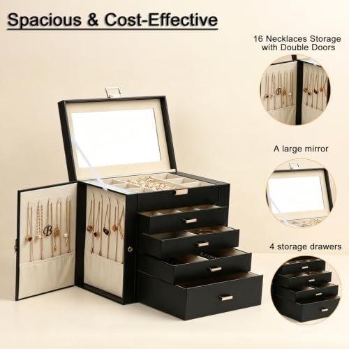 BOOVO Large Jewelry Box for Women, Big Jewelry Organizer (Black, 5 Layer) - color: Silver and Black, size: 5 Layer