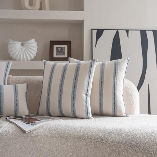 Cethom Boho Throw Pillow Covers 18x18 Set of 2, Beige and Blue Striped Decorative Pillow Cases for Couch Chair Bed, Textured Farmhouse Accent Cushion Covers for Living Room Bedroom Sofa Home Decor - color: Classic Blue, size: 18" x 18" (Pack of 2)