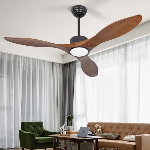 52 Inch Brown Wood Ceiling Fan with Light and Remote - color: Brown wood ceiling fan - pointed