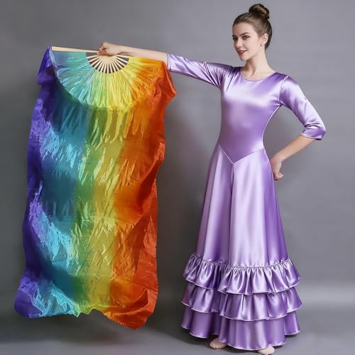 BRYCTSISEN Silk Belly Dance Fan Veil 2 Pairs Long Performance Folding Fan - color: Gradual Blue