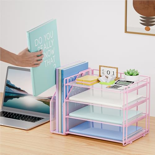 Marbrasse 4-Tier Paper Tray Organizer with File Holder, Pink - color: Pink