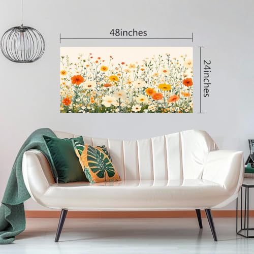 KZKU Wall Art Floral Canvas Print Orange and White Wildflowers Modern Botanical Watercolor style Flower Picture for Bedroom Living Room Artwork Home Wall Decoration 24x48in - color: Orange and white/floral, size: 48"L x 24"W