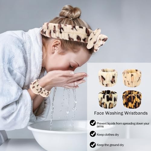 CIEHER 12 PCS Makeup Headband for Women Wrist Washband Scrunchies Cuffs for Washing Face, Soft Leopard Print Spa Headband Matching Wristbands - color: Leopard Print