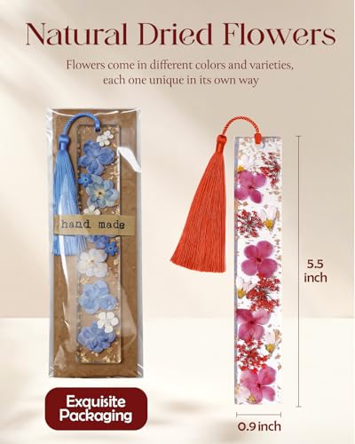 Buleens 2PCS Bookmarks for Women - Pink Blue Book Marks for Readers Book Lovers, Personalized Handmade Dried Flower Resin Pressed Flowers Bookmark with Tassels, Pretty and Aesthetic - color: Pink Blue