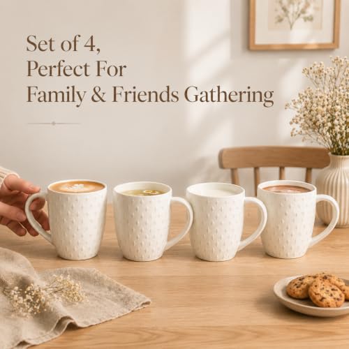 14 oz Ceramic Coffee Mugs Set of 4, White Stoneware Cups with Handle - color: Embossed-4PCS