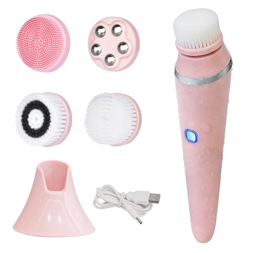 Facial Brush, 3 Speeds Adjustable Facial Cleansing Brush with Base, Waterproof & Rechargeable Face Scrubber Exfoliator with 4 Brush Heads for Women, Pink