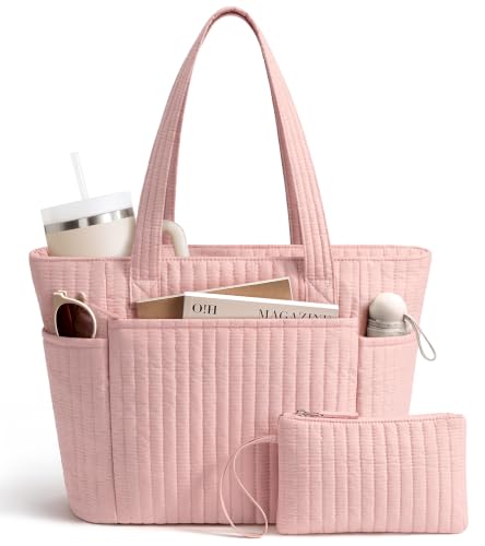 Bagstellar Quilted Tote Bag for Women Teacher Nurse Cotton Laptop Work Tote - color: Pink