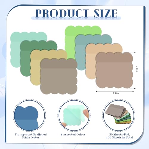 Eaasty 400 Sheets Transparent Sticky Notes 8 Pads Scalloped, Soft Morandi - color: Light Color