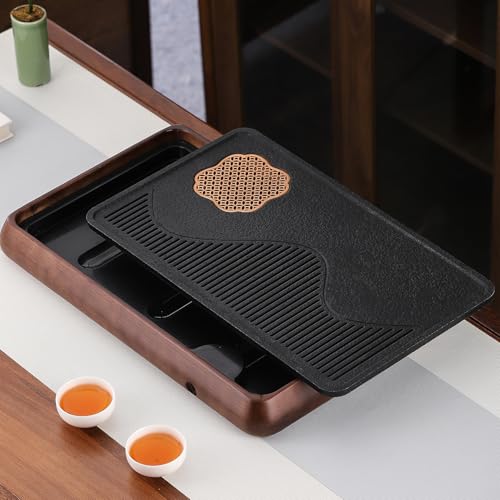 Wooden Chinese Tea Tray15 x 10 x 2 inches，Japanese Tea Serving Tray, Gongfu Tea Table Set with Reservoir Type Water Storage Box