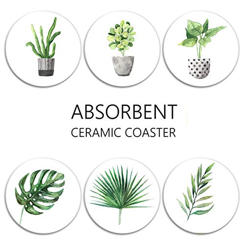 Britimes Coasters for Drinks, Set of 6, Ceramic Stone, Green Leaves - color: Green Leaves