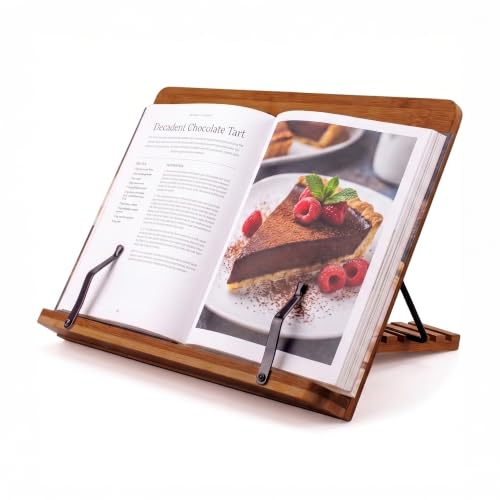 Bamboo Cookbook Stand Medium, Adjustable Book Holder Tray and Page Paper Clips - 4-Position Recipe Book Stand Holds Thick Books for Kitchen Counter, Reading, Studying, Foldable - Medium - Walnut Color - color: Walnut, size: Medium