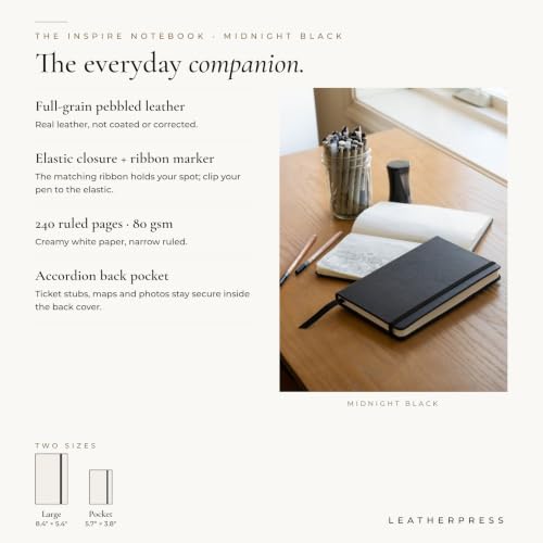 Leather Notebook, Writing Journal, Midnight Black - color: Midnight Black, size: Large